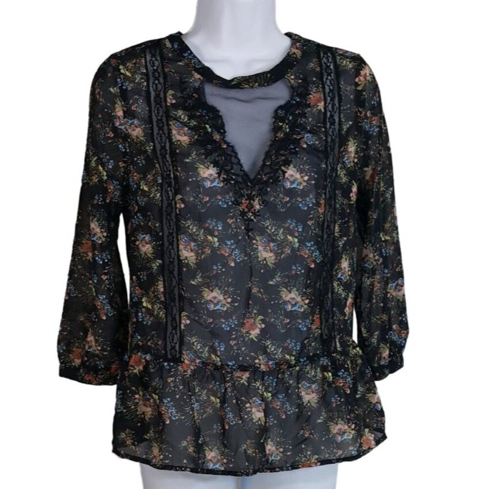 Pins & Needles Sheer Floral Print Top Black Small Peplum Blouse Lace Details